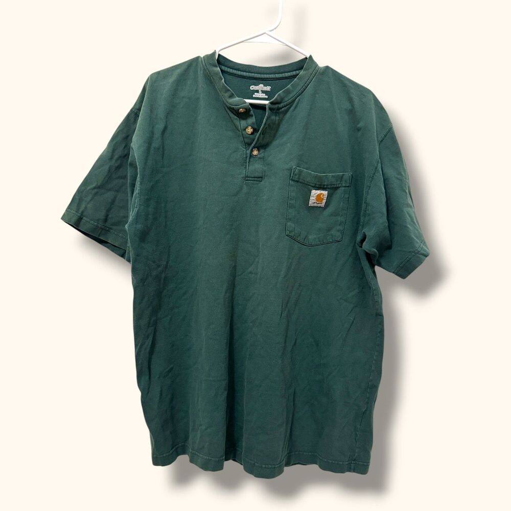 Carhartt Henley T-Shirt Mens L Short Sleeve Pocket 100% Cotton Green Workwear